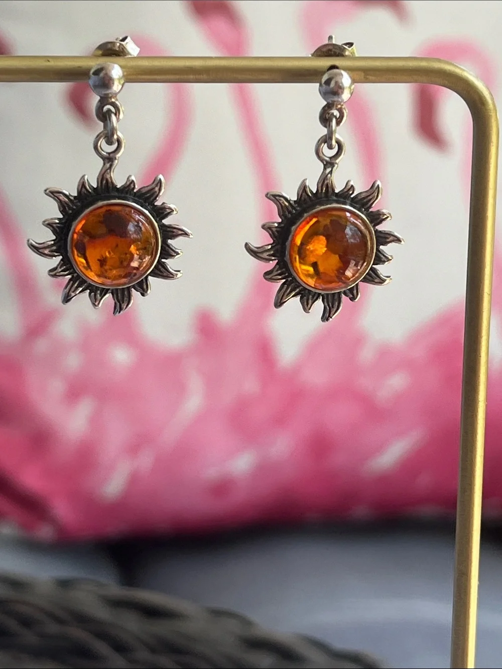 Sterling Silver Amber Sunburst Dangle Earrings - Picture 1 of 13